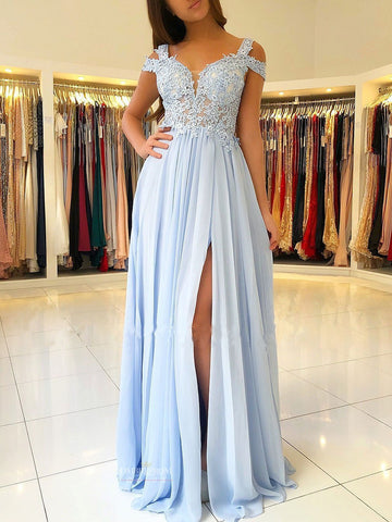 Chiffon Blue Prom Dress A-line/Princess Scalloped Neck With Split