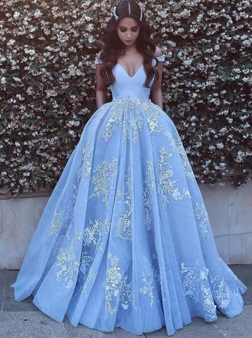 Blue Long Prom Dress Off The Shoulder Tulle Ball Gown With Appliques