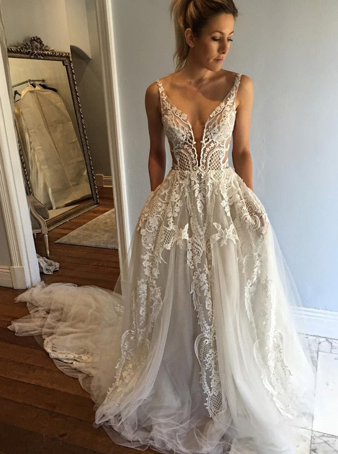 Buy A-line Deep V-Neck Lace Appliques Wedding Dresses with Pockets ...