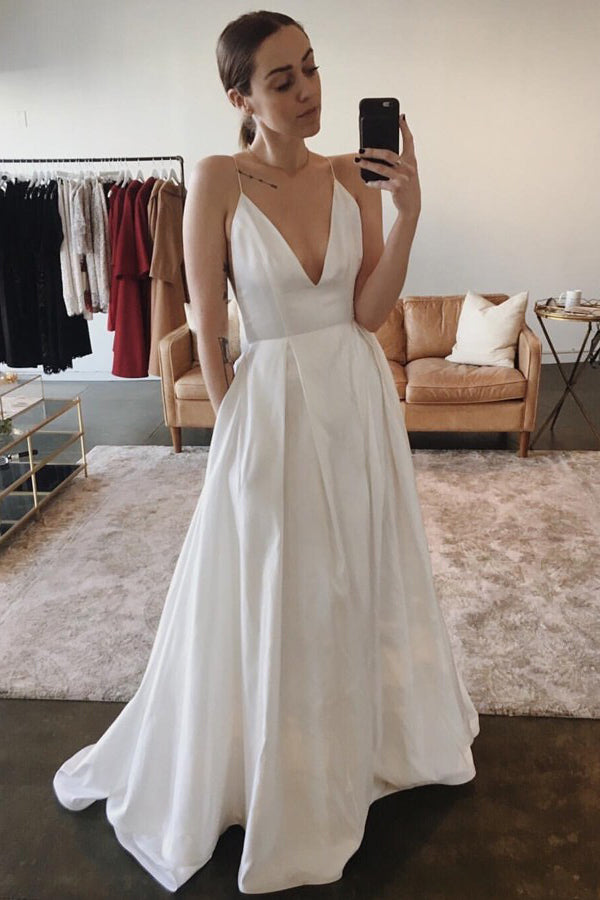 Buy Simple Spaghetti Straps Satin Backless Wedding Dress with Pockets