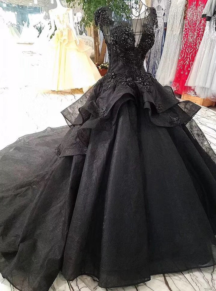 Cap Sleeves Black Ball Gown Prom Dresses, Long Bridal Dress with Beads ...