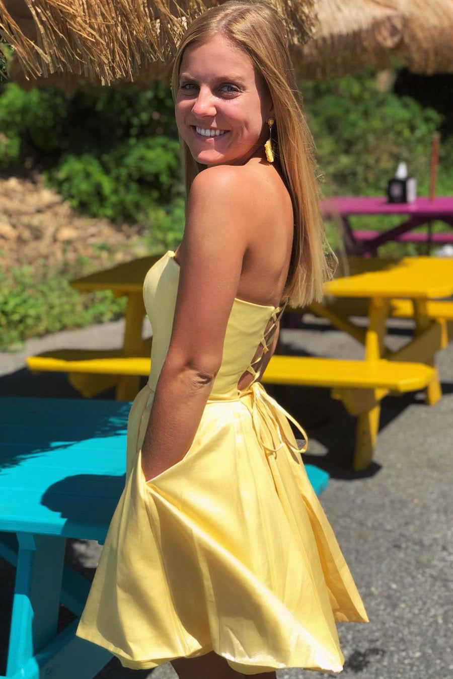 yellow strapless homecoming dress