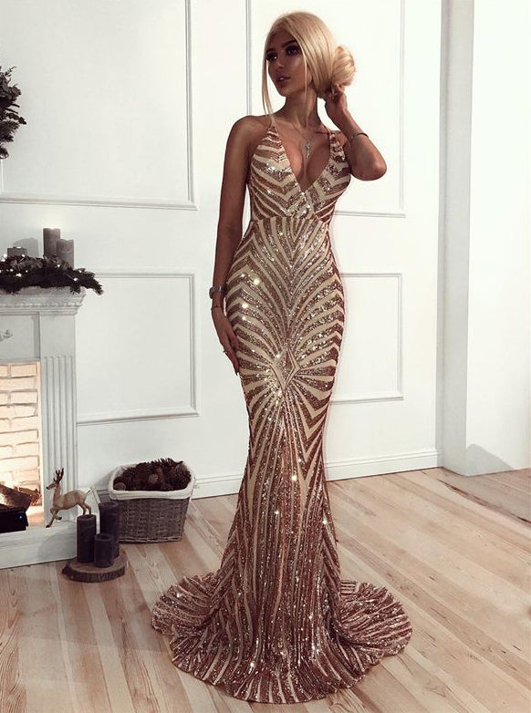 2019 Glitter Mermaid Sequins Long Prom Dress Backless Evening Dress 9963