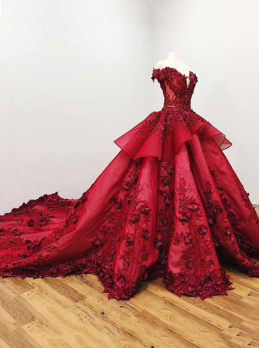 Buy Ball Gown Quinceanera Dress Burgundy Beading Prom Dress With 3D ...