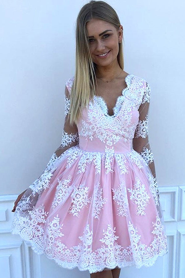 Buy Appliques Long Sleeves Pink Tulle Short Homecoming Dress OM338