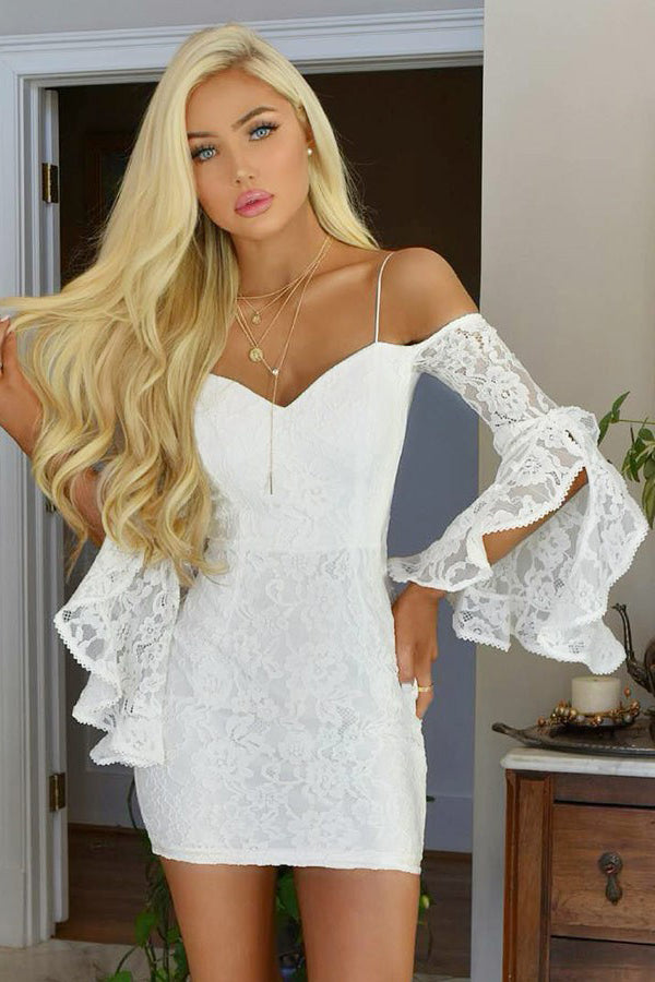 Off Shoulder White Bodycon Lace Tight Party Dress With Bell Sleeves 0130