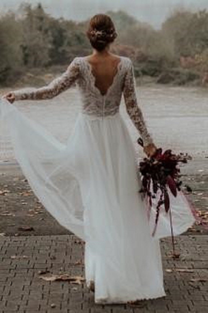 A-line V-neck Lace Chiffon Beach Wedding Dress with Long Sleeves OW580