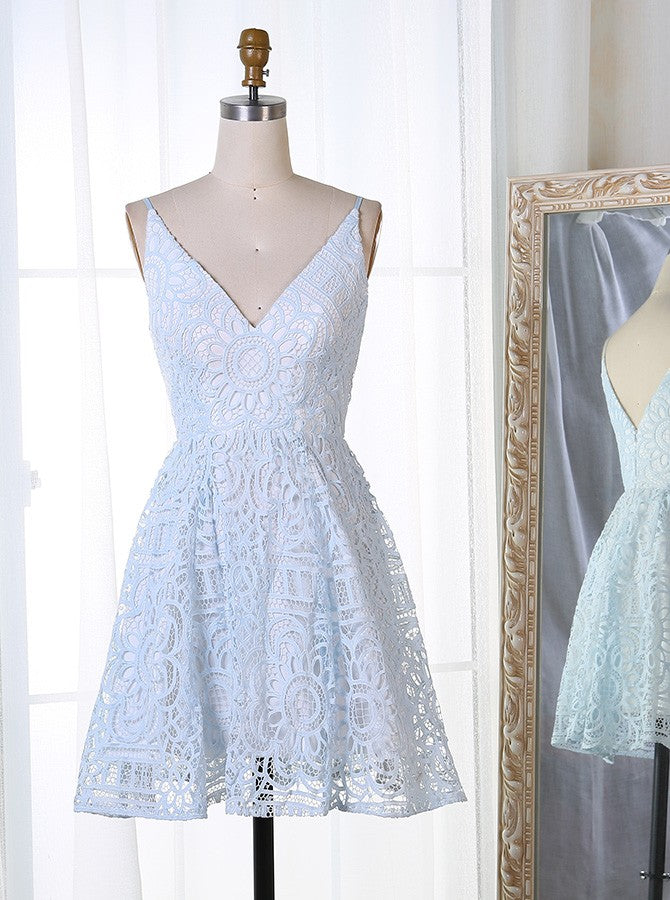 Buy A-Line Spaghetti V-neck Short Prom Dresses Lace Homecoming Dress OM301