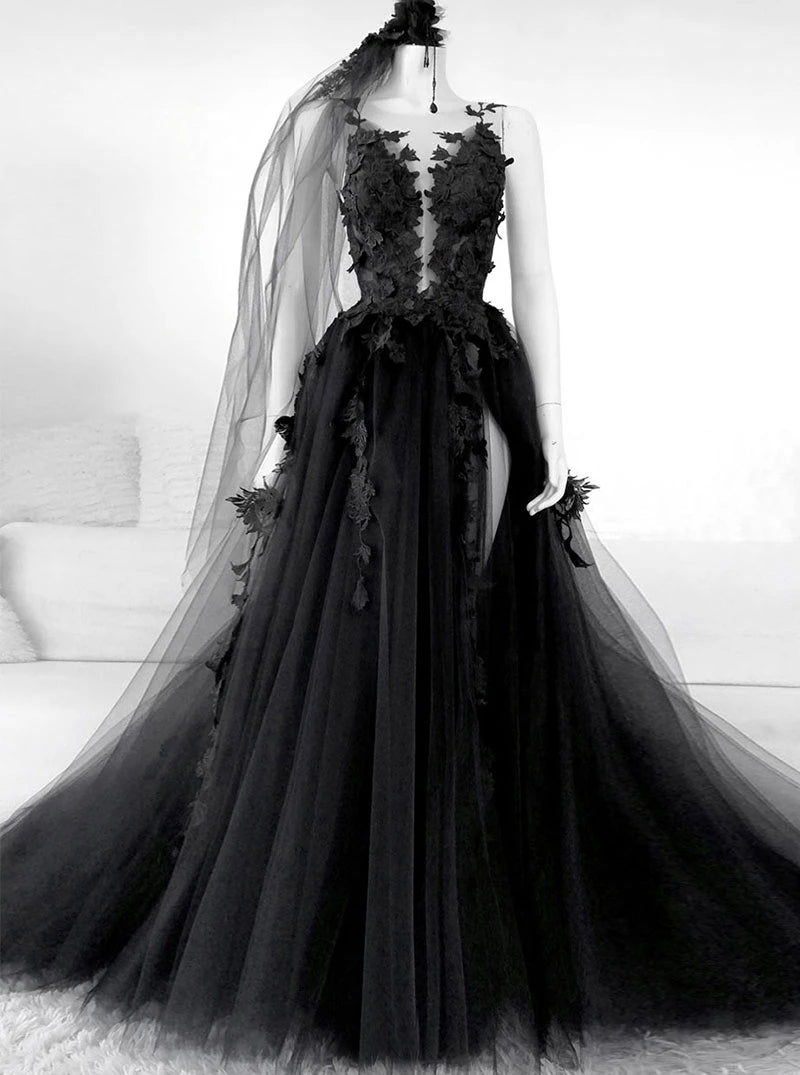 Tulle Round Black Long Prom Dresses Appliqued Backless Evening Dress