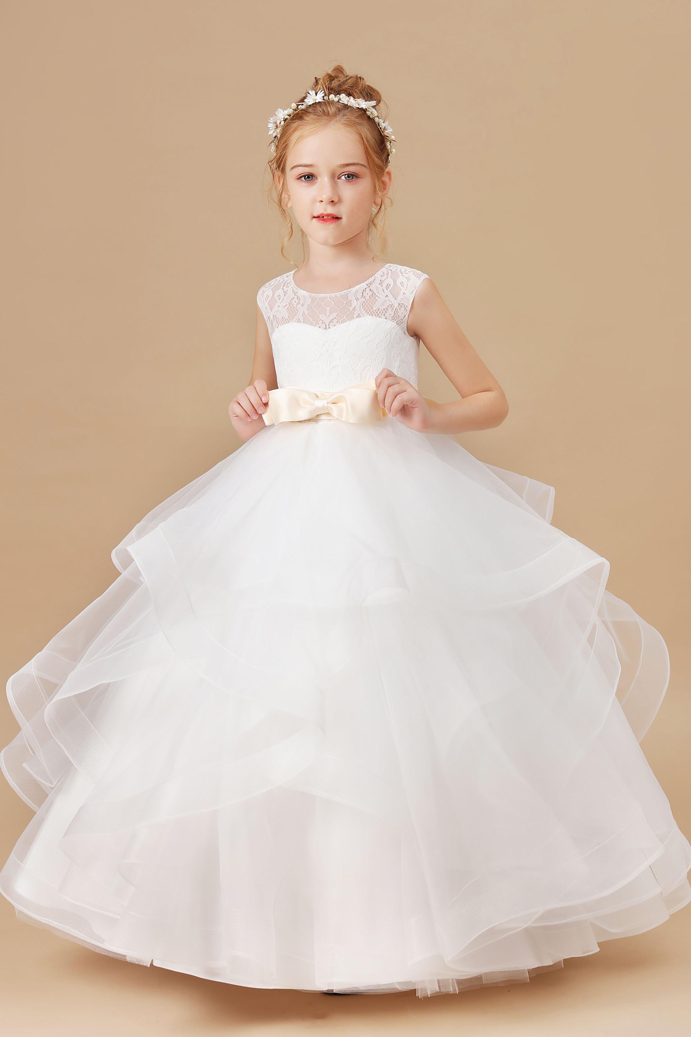 Ivory Tulle Multi-layered Ruffled Flower Girl Dress With Bow