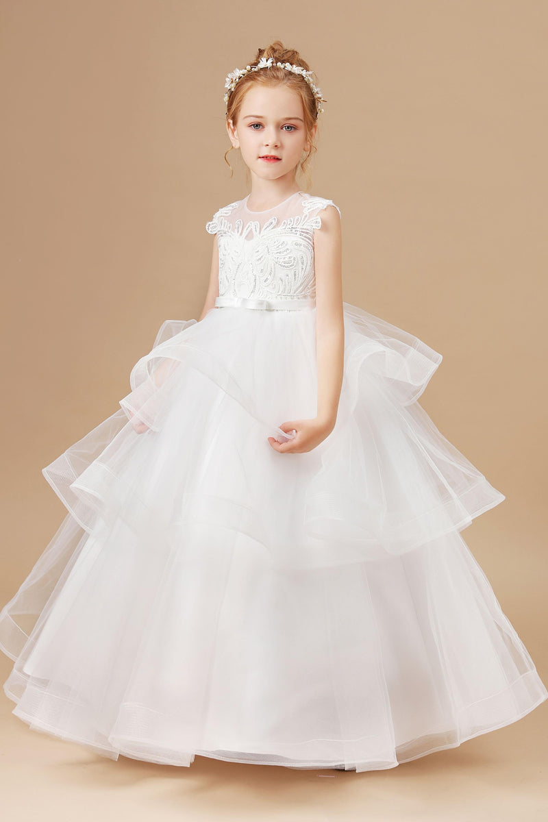 Satin Ivory Tulle Multi-layered Ruffled Flower Girl Dress With Bow ...