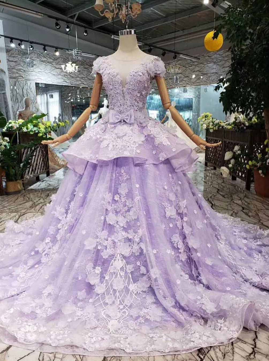 Buy Princess Lilac Beaded Quinceanera Gown 3D Floral Appliques Ball ...