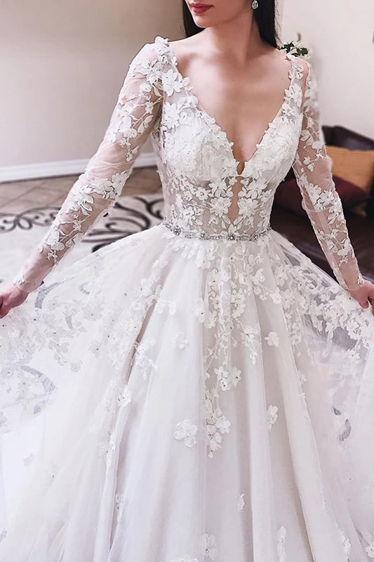 Princess V-Neck Long Sleeves V-Back Tulle Wedding Dresses With Lace Ap
