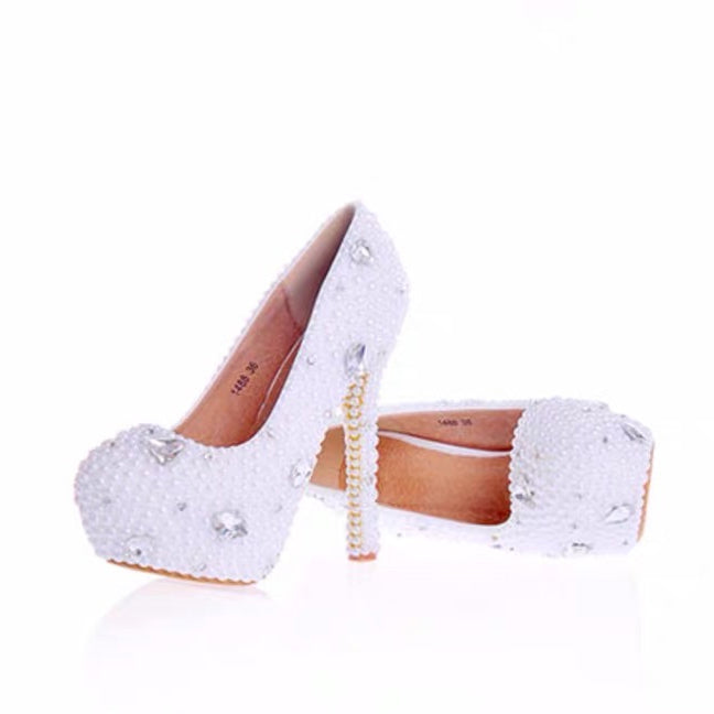 Buy Patent Leather Closed Toe With Pearl Rhinestone White Wedding Shoes ...