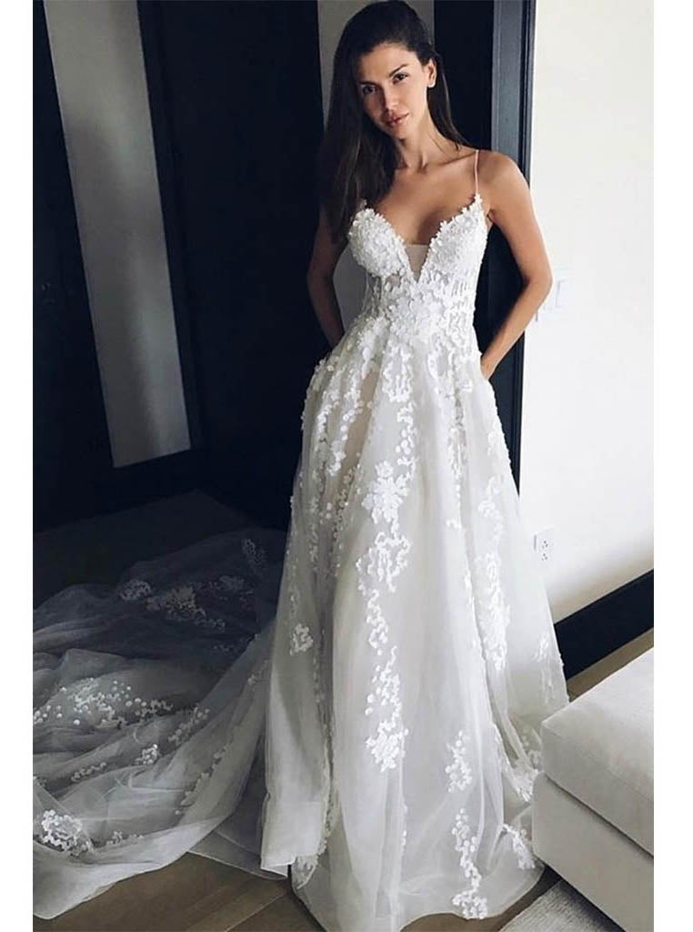 Princess Spaghetti Straps Beach Wedding Dress, Boho Bridal