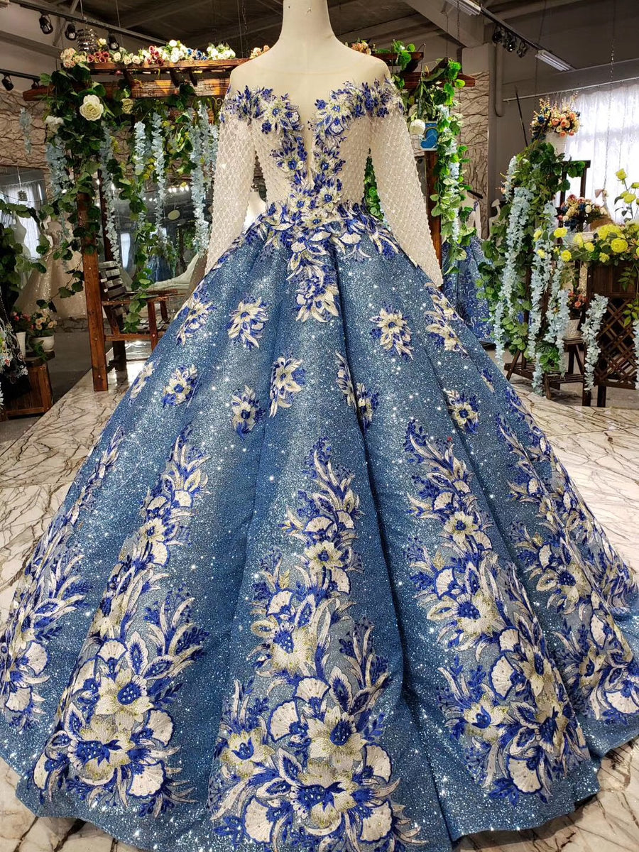 Buy Glitter Beaded Appliques Long Sleeves Blue Ball Gown Quinceanera ...