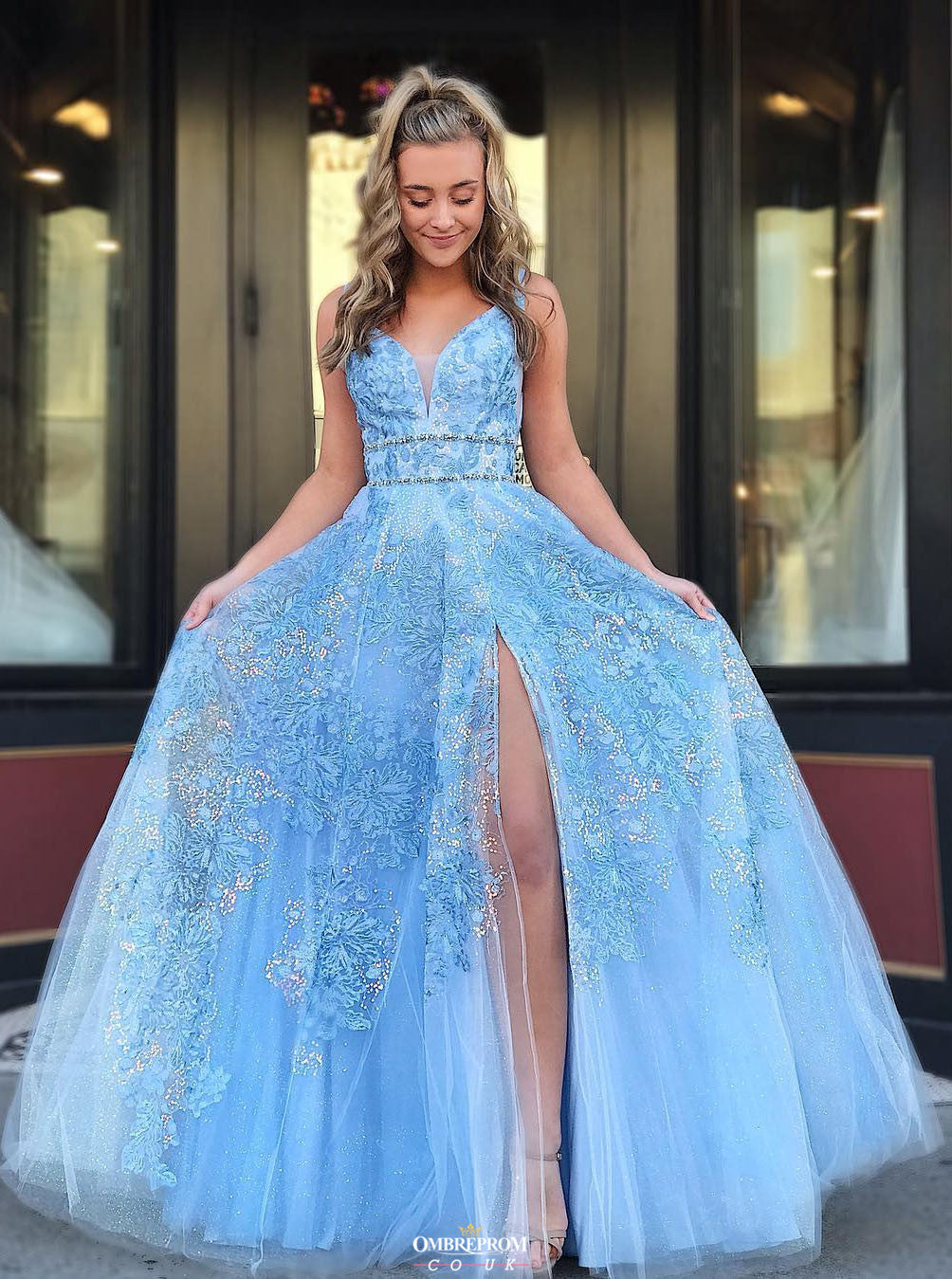 Buy Light Blue Beaded Appliques Prom Dresses With Slit Backless Party Gown Op527 Ombreprom Co Uk