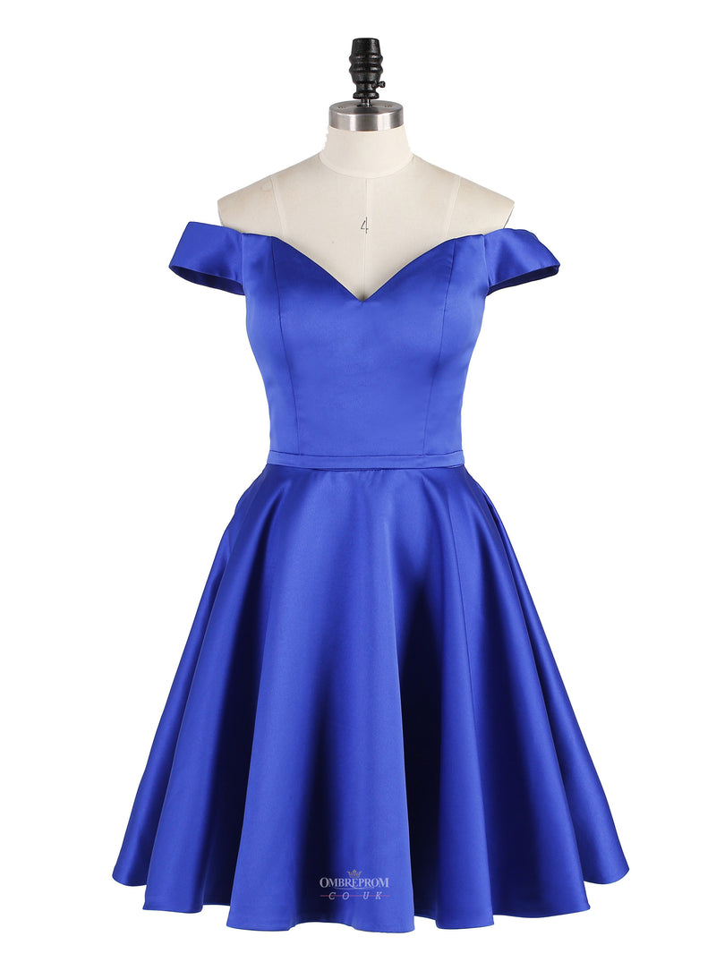 A-line Royal Blue Off-Shoulder Sweetheart Satin Short Prom Party Dress