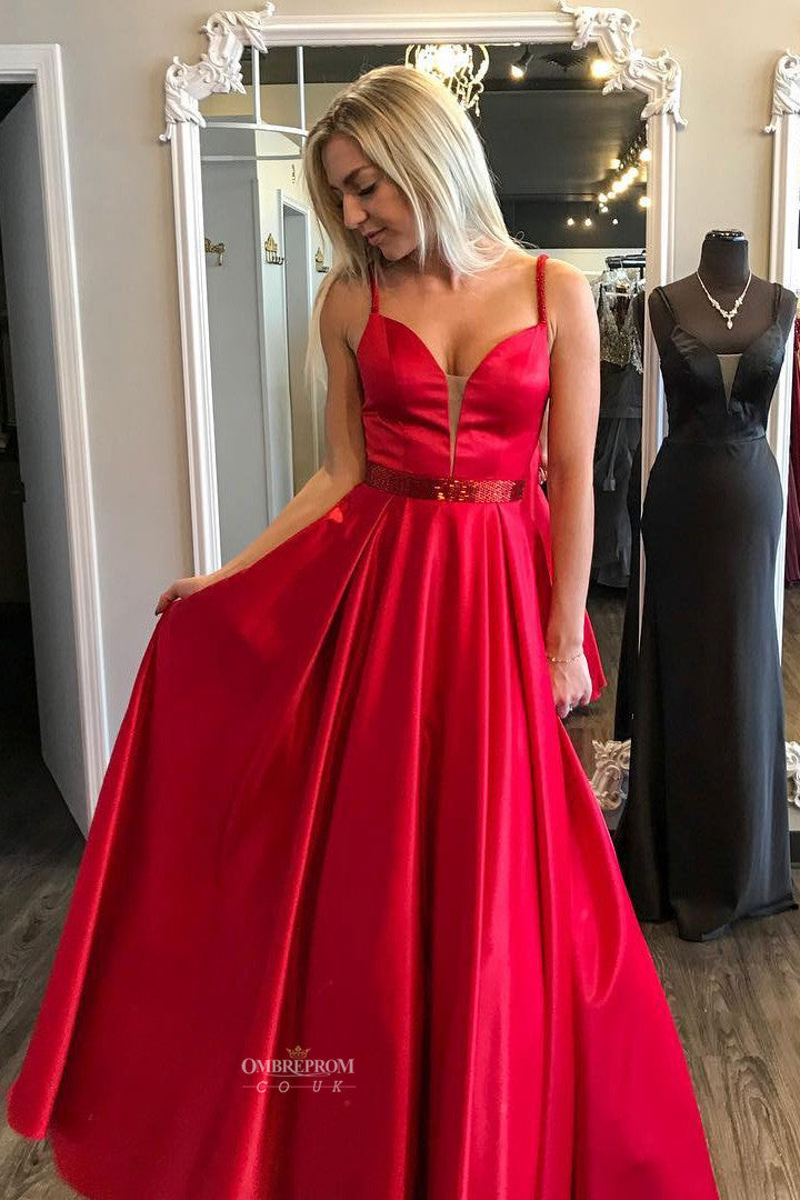 Buy Red A-line Satin V-neck Long Prom Party Dresses With Beaded OP499