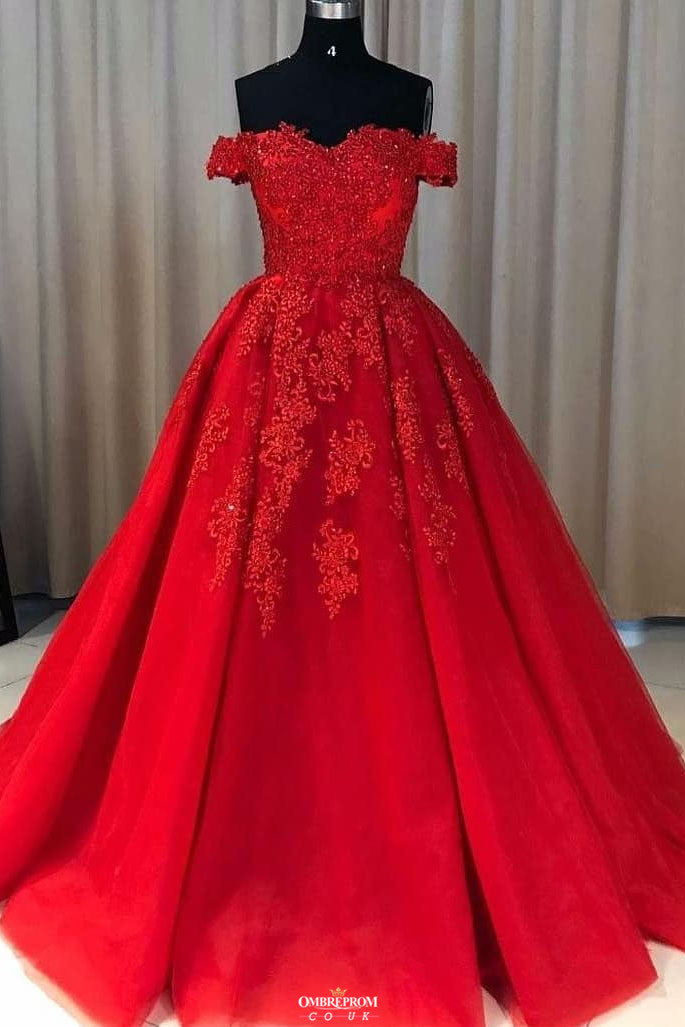 Buy Red Ball Gown Tulle Off The Shoulder Lace Appliques Long Prom Dresses Op532 Uk 1132