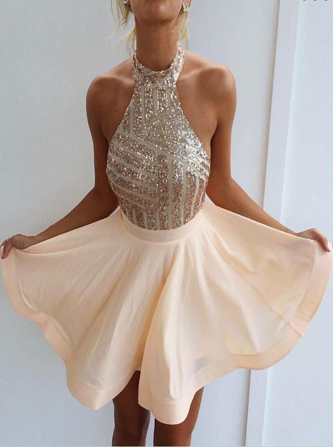 Buy Sexy Sparkly Halter Short Prom Dress Backless Cocktail Party