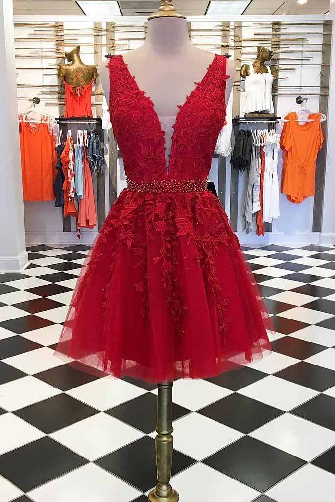 Buy A-line V Neck Lace Short Prom Dresses Red Graduation Homecoming ...