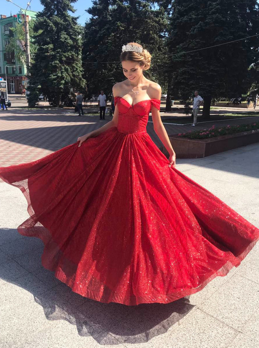 Sparkly Off Shoulder Red Long Prom Dress Glitter Evening Dresses Po010 5424