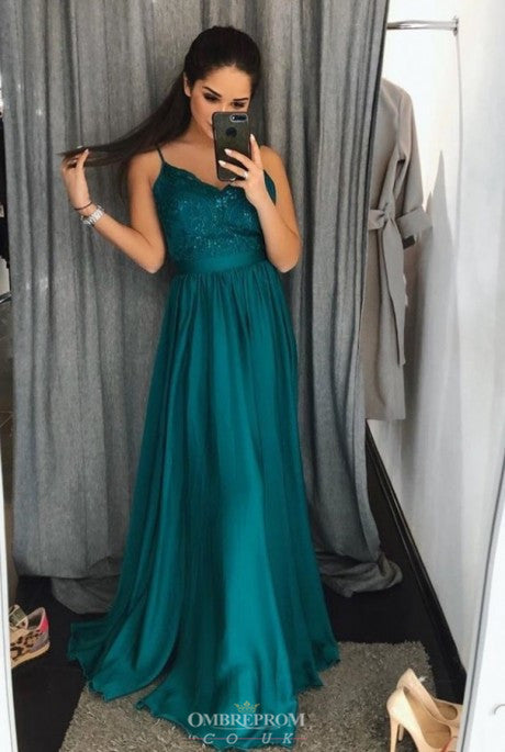 Buy Sexy Emerald Green A-line Spaghetti Long Prom Evening Dresses OP756