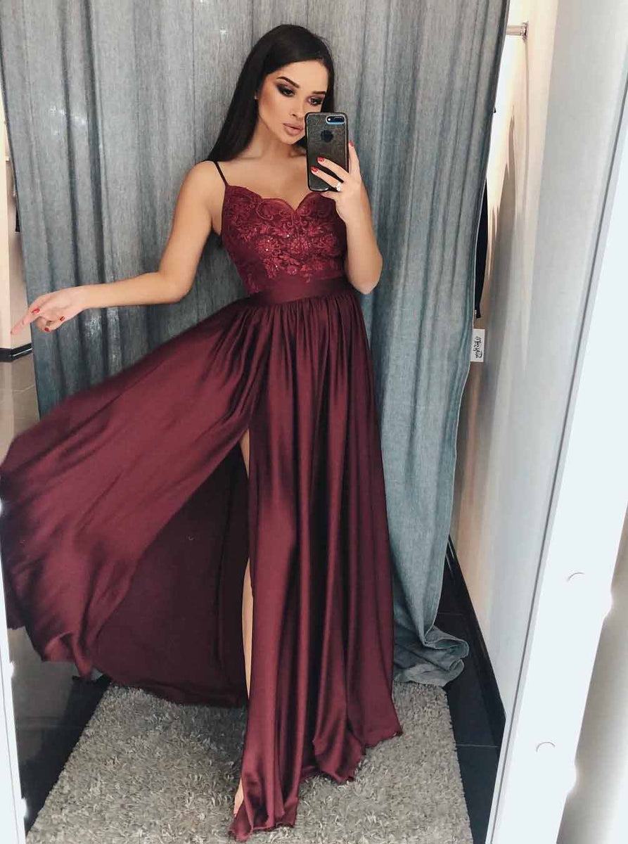 Buy Long Burgundy Prom Dresses Spaghetti A Line Appliques with Slit ...