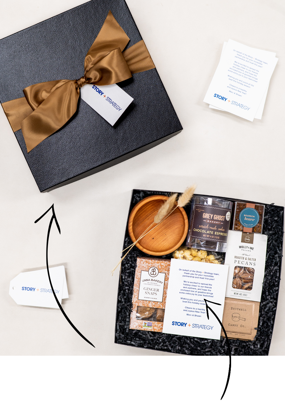 branding option one featuring gift box with logo gift tag with ribbon and logo notecard