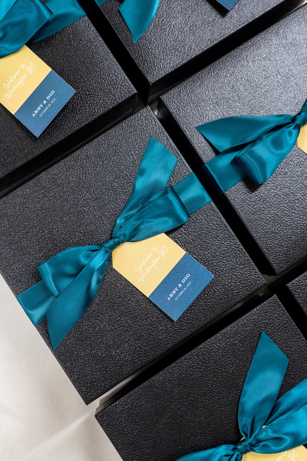 modern colorful custom wedding welcome gift boxes by Marigold & Grey