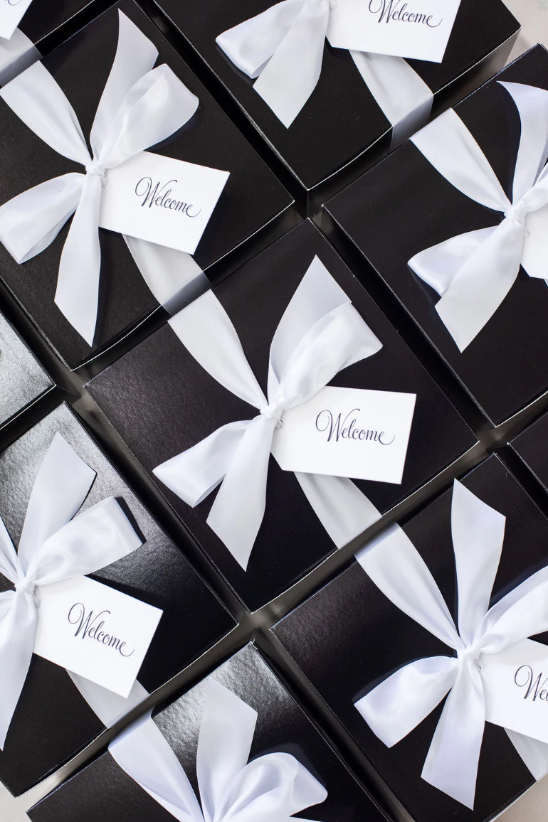 custom black and white wedding welcome gift boxes