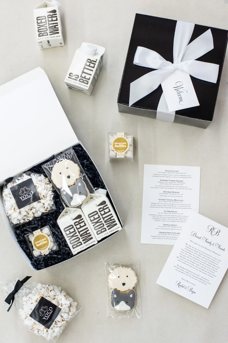 modern black and white custom wedding welcome gift box