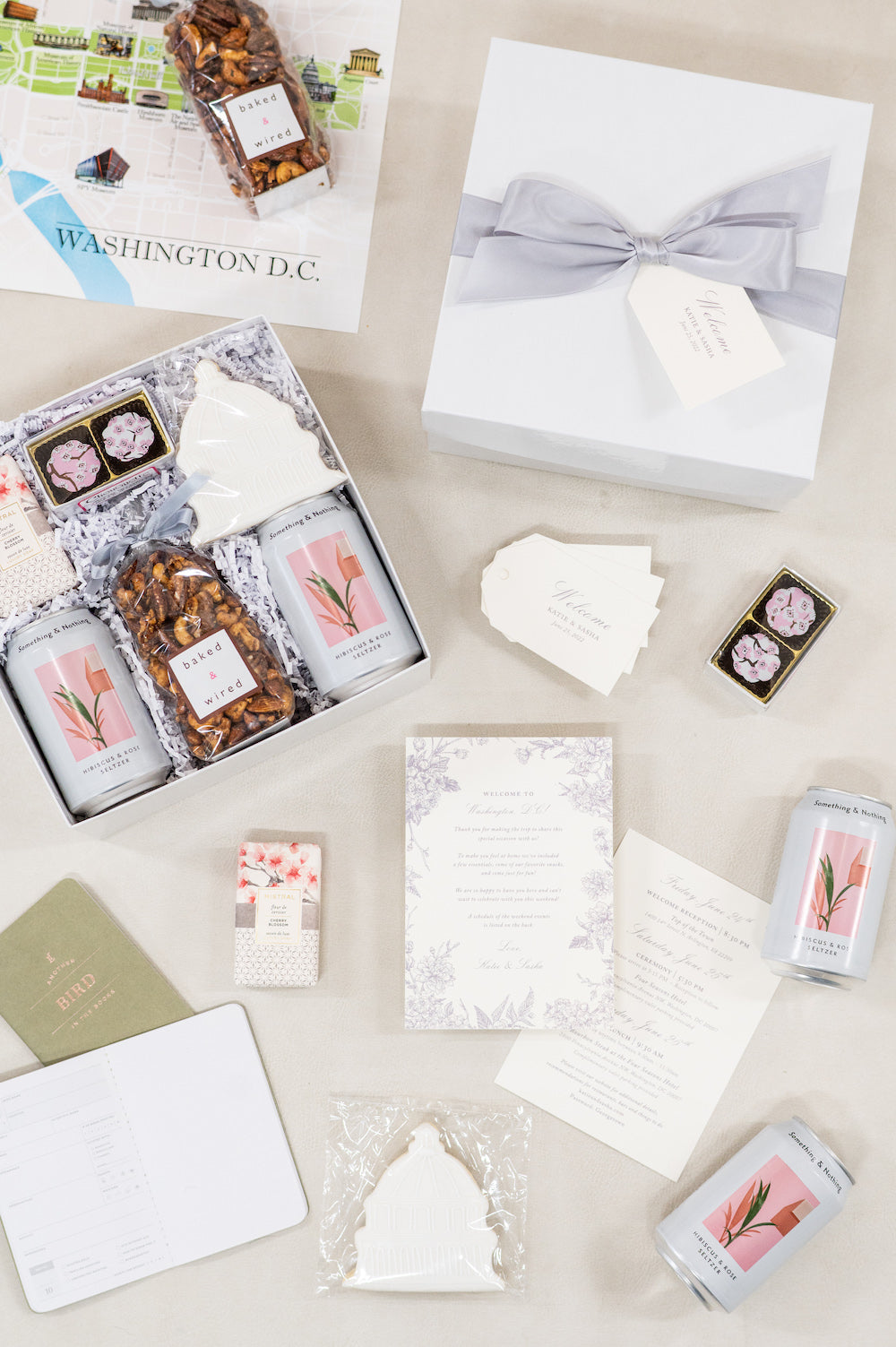 custom DC wedding guest hotel welcome gift boxes, classic, romantic pink and white Cherry blossom theme by Marigold & Grey