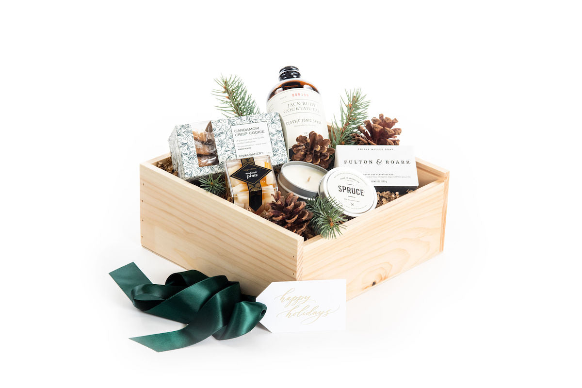Masculine holiday curated pine gift box by Marigold & Grey