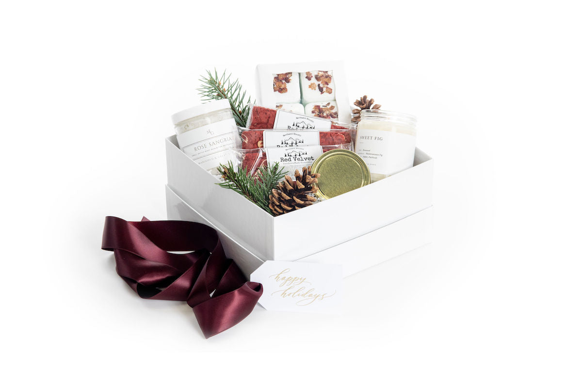 Spa themed luxury curated gift box for holiday gifting by Marigold & Grey