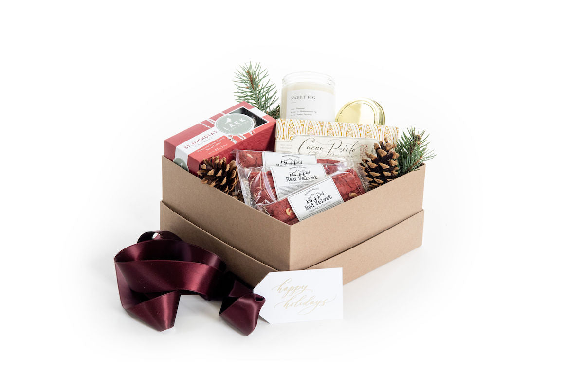 Holiday gender neutral curated gifts boxes for client and corporate gifting by Marigold & Grey