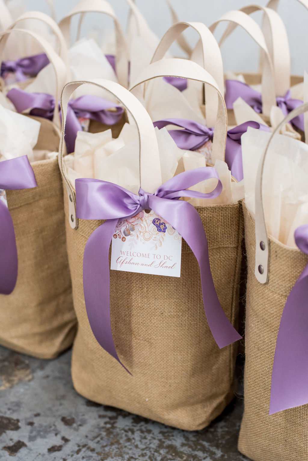 Purple & Gold Wedding Welcome Bags With Satin Ribbon Handles 