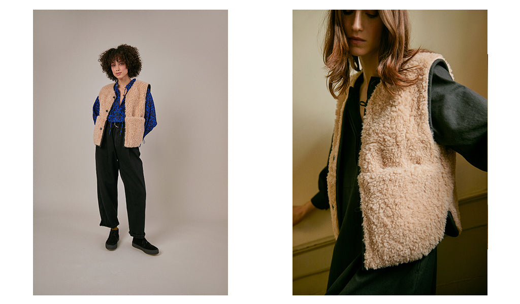 sideline women's aw23 collection taylor vest in wool shearling