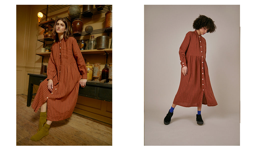 sideline women's aw23 collection whistle dress rust stripe