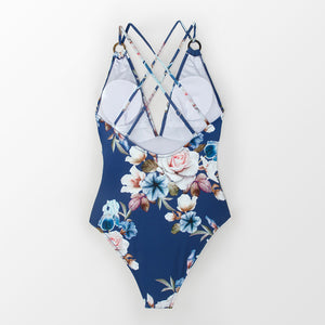 wantmustneed.com / Padded One-Piece Swimsuit | Blue Floral Strappy Deep-V [variant_title]