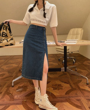 Korean Style] Asymmetrical High Waist Denim Midi Pencil Skirt w/ Slit –  Ordicle