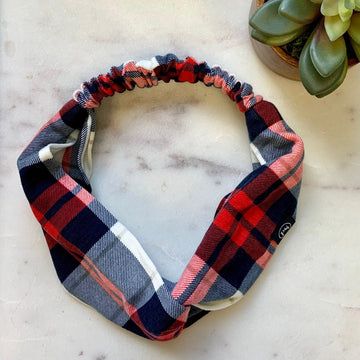 Printed Knot Headband- Red and Blue Plaid