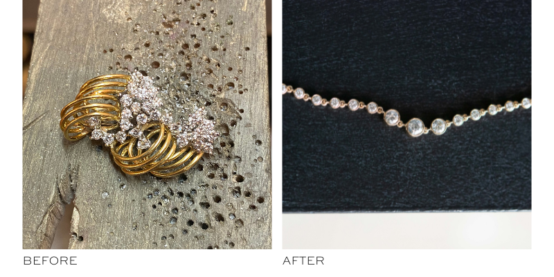 Before and after jewelry reset image, taking a diamond brooch and turning it into a tennis bracelet