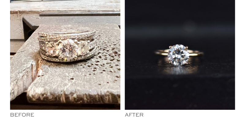 Jewelry reset before and after multi stone ring turned into a diamond solitaire