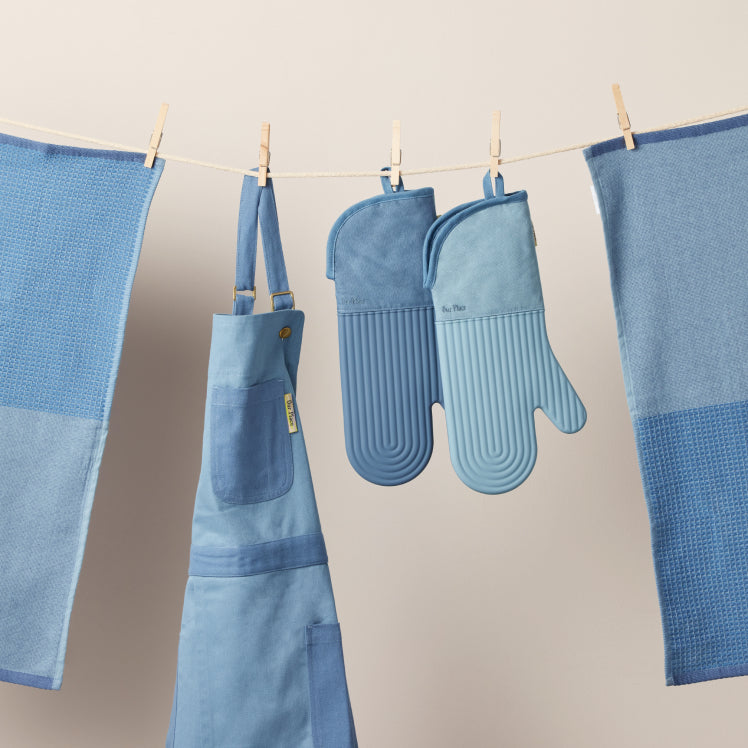 Blue Linen Apron, Tea Towel and Oven Mitt Set