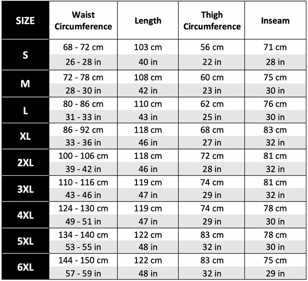 Pants Size Chart