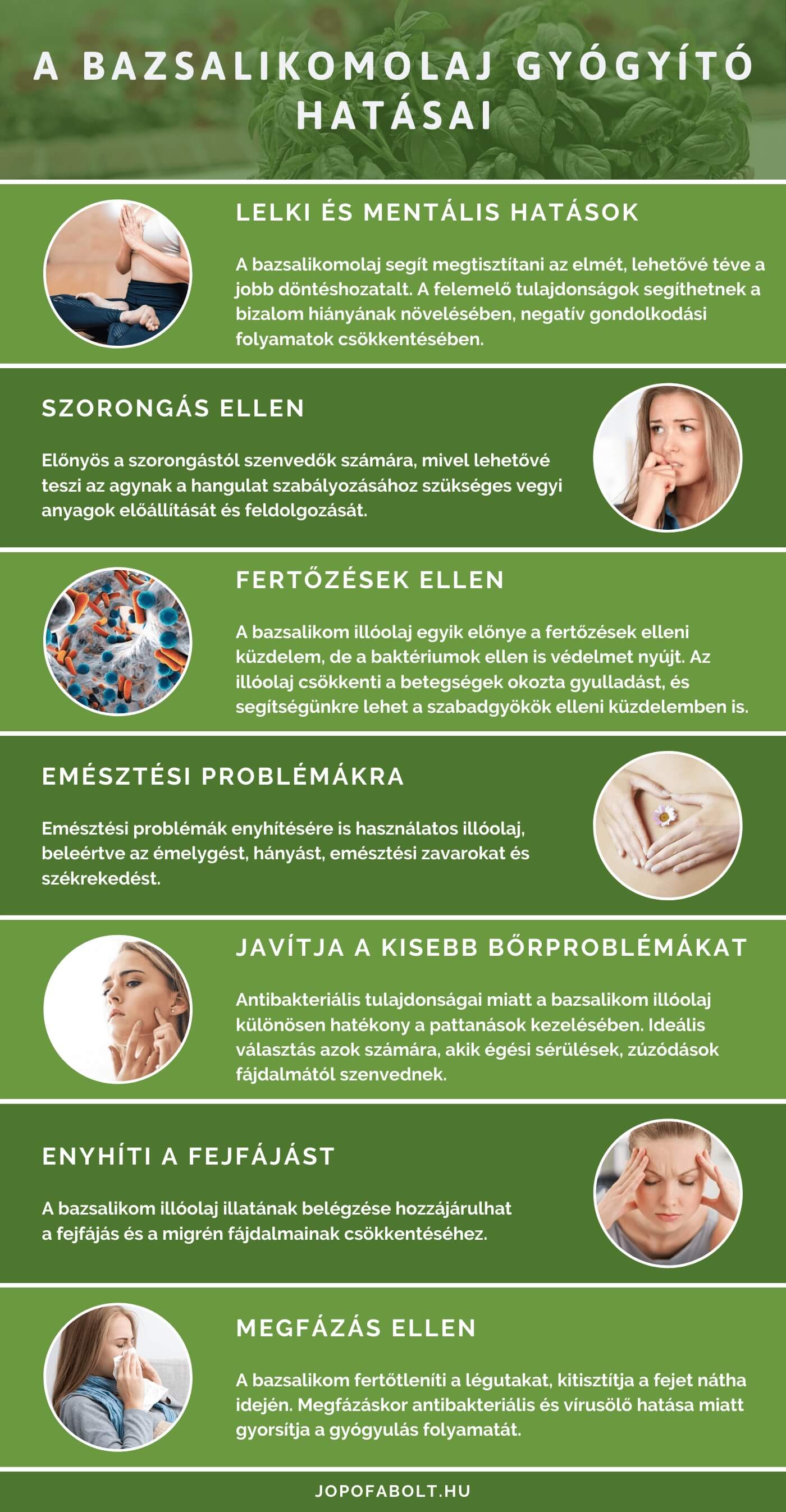A bazsalikomolaj 7 gyógyító hatása infografika