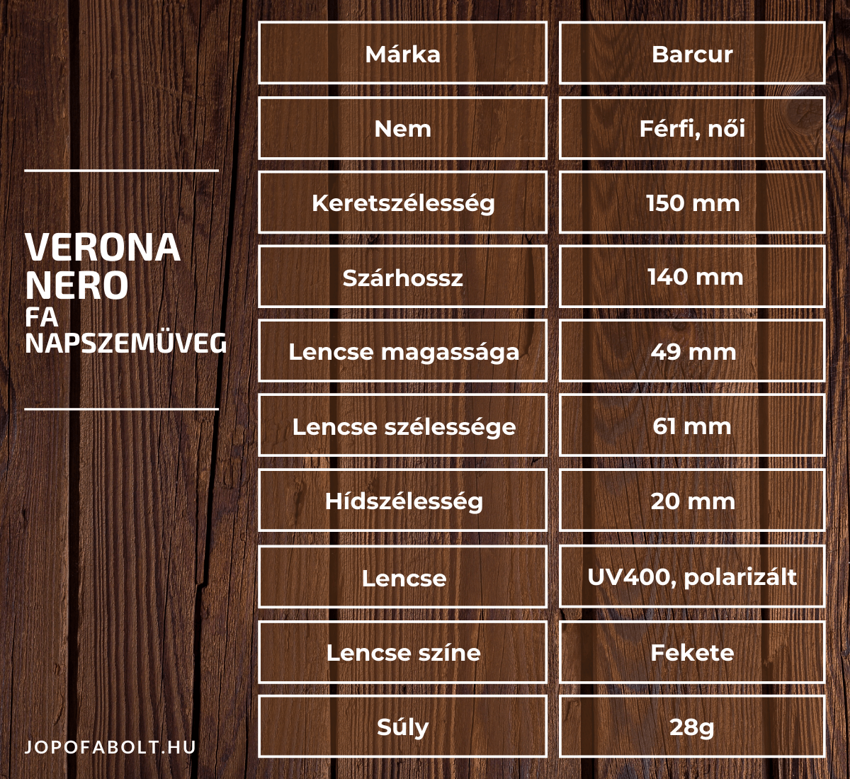 Verona Nero Fa Napszemüveg termékleírás