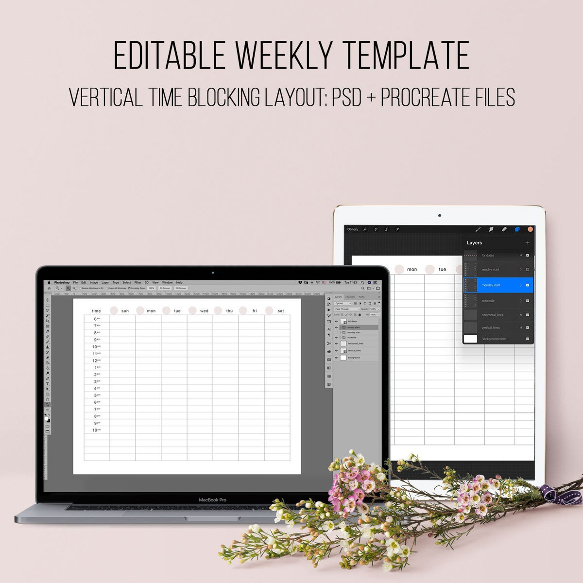 Editable Weekly layout - Vertical Time blocking template - PSD - Procr